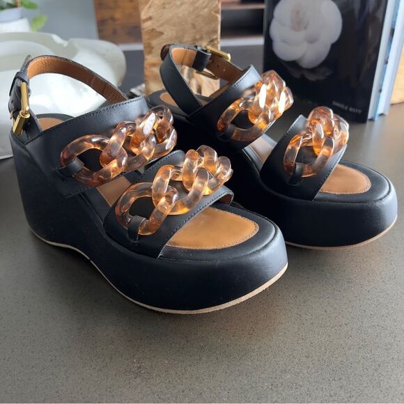 SEE By CHLOÉ Mahe Black Wedge Sandals with Chain Accents Size 38 - Picture 3 of 9